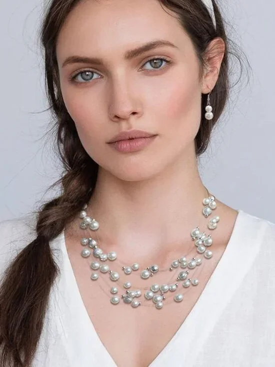 Layered Pearl Necklace Multi-strand Pearl Choker Necklaces for Women Beaded jewe - Picture 3 of 6